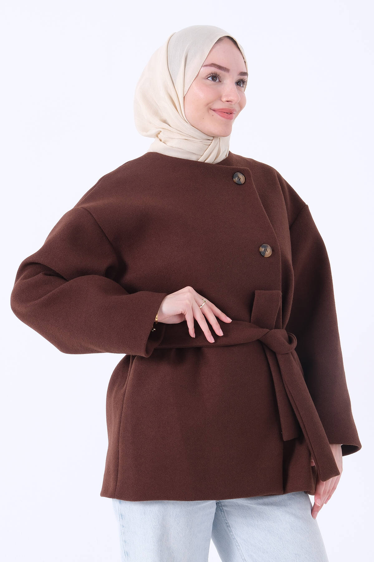 Kahve Yan Düğmeli Kemerli Kaşe Ceket 39712731.05 - Ardanewline