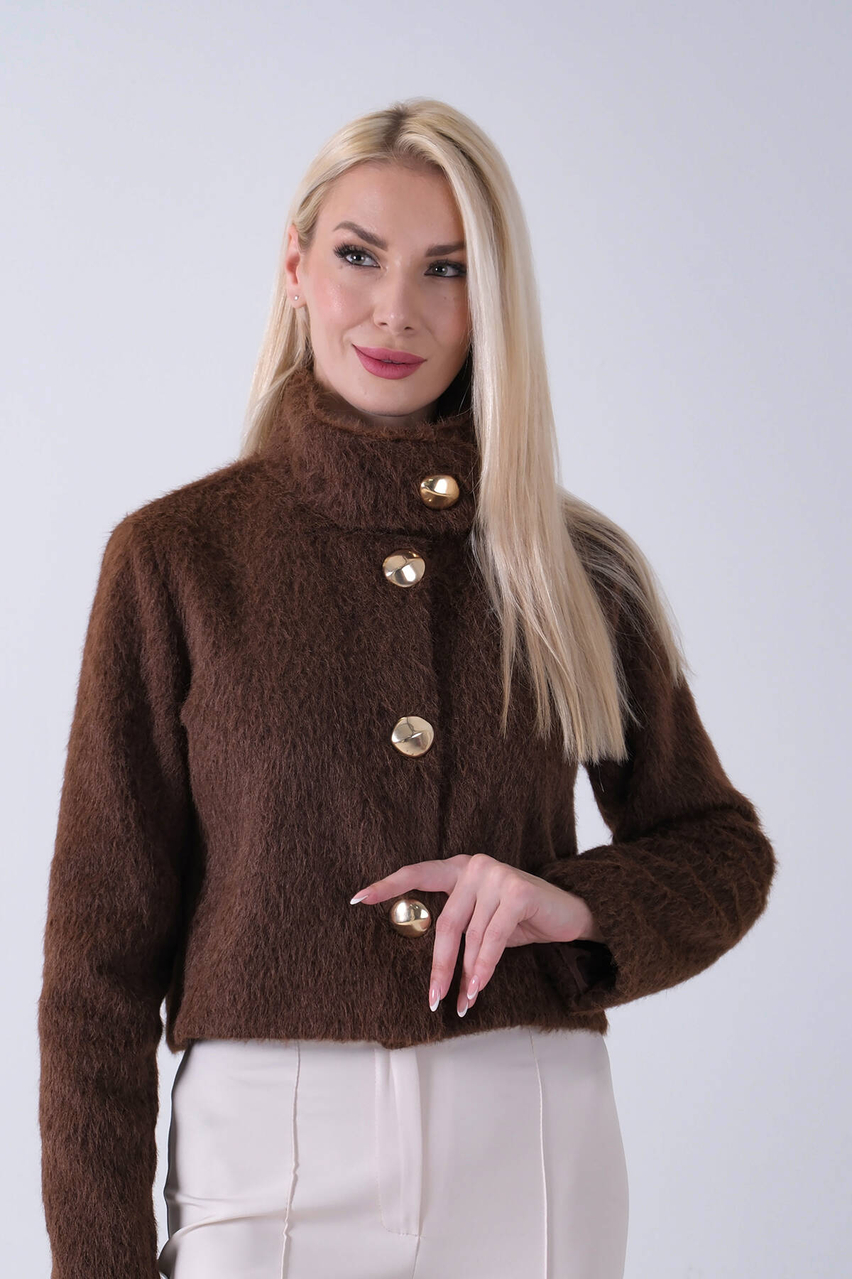 Kahve Yarım Balıkçı Yaka 4 Düğmeli Kaşe Yün Ceket 5307121.05 - Ardanewline (1)