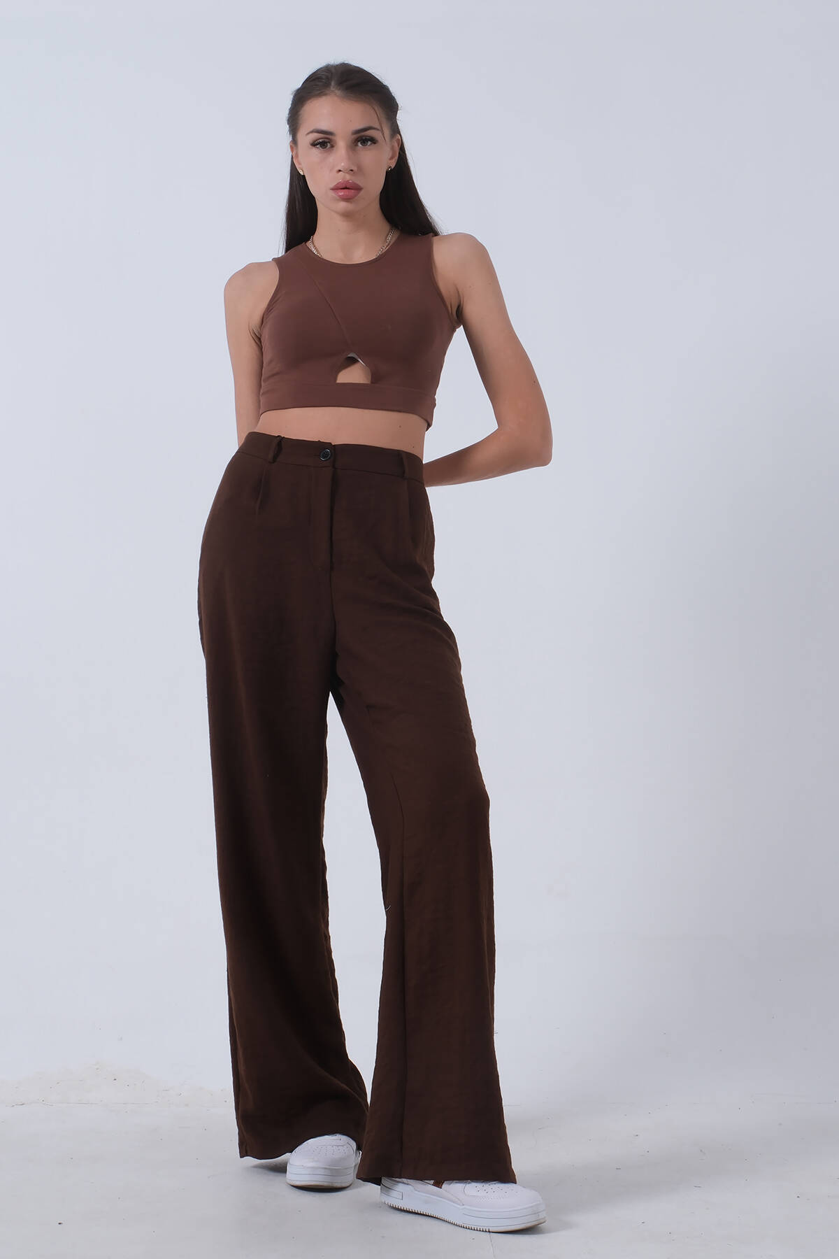 Kahve Yüksek Bel Bol Paça Keten Pantolon 01020661.05 - Ardanewline