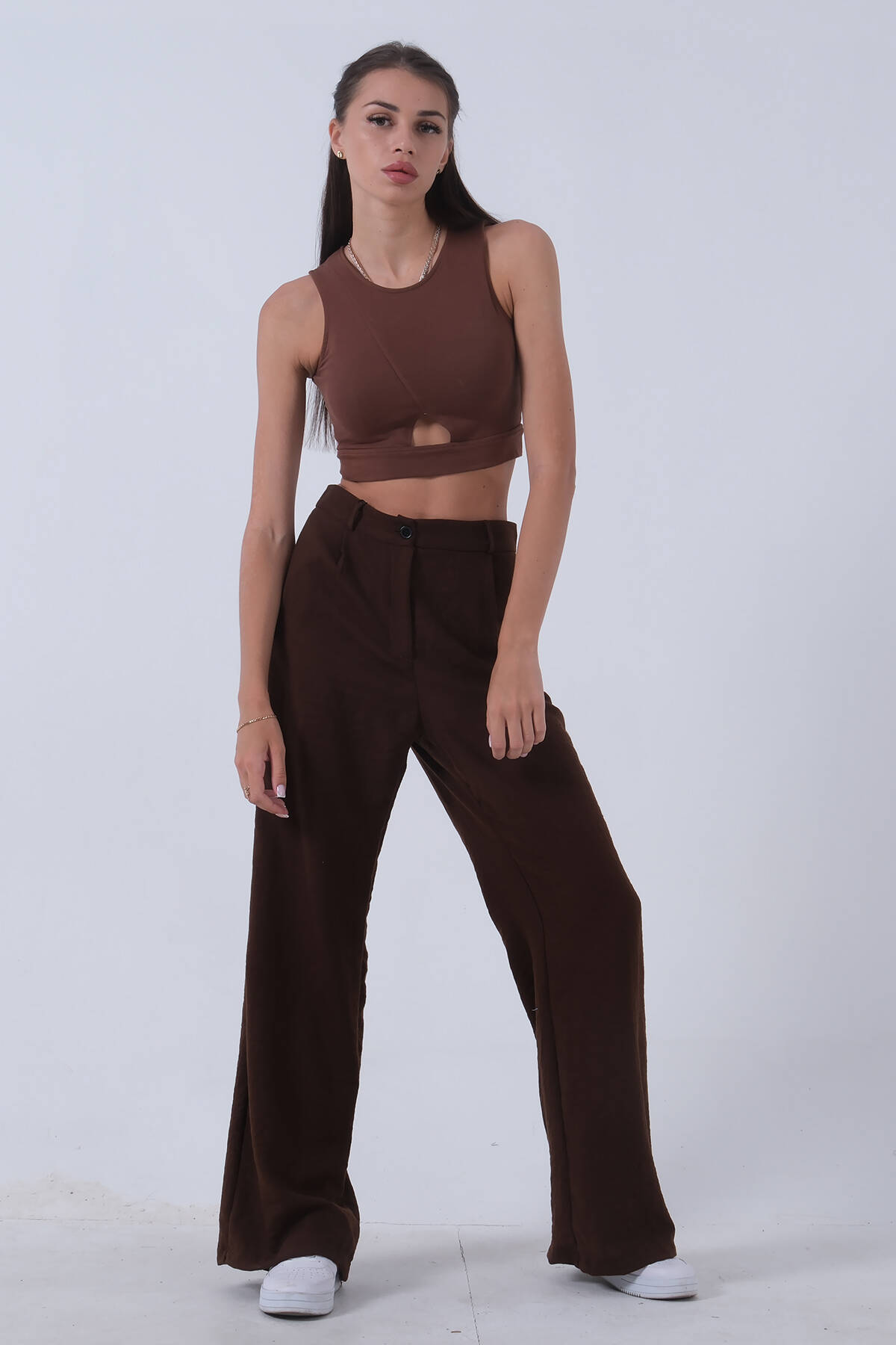 Kahve Yüksek Bel Bol Paça Keten Pantolon 01020661.05 - Ardanewline (1)