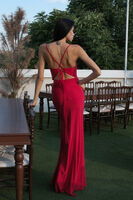 Kırmızı Askılı Yırtmaç Detaylı Drapeli Abiye 9705289.08 - 7