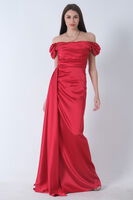 Kırmızı Drape Detaylı Saten Kumaş Abiye Elbise 9704858.08 - 1