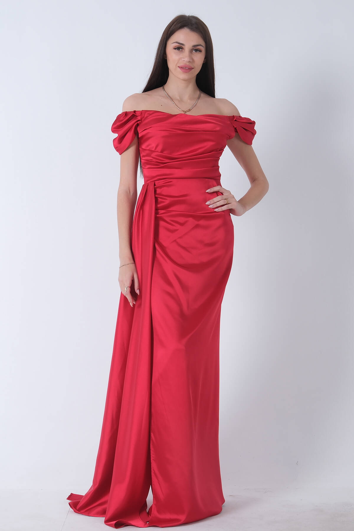 Kırmızı Drape Detaylı Saten Kumaş Abiye Elbise 9704858.08 - Ardanewline (1)