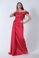 Kırmızı Drape Detaylı Saten Kumaş Abiye Elbise 9704858.08 - 3