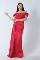 Kırmızı Drape Detaylı Saten Kumaş Abiye Elbise 9704858.08 - 4