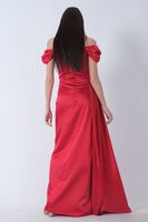 Kırmızı Drape Detaylı Saten Kumaş Abiye Elbise 9704858.08 - 6