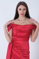 Kırmızı Drape Detaylı Saten Kumaş Abiye Elbise 9704858.08 - 7