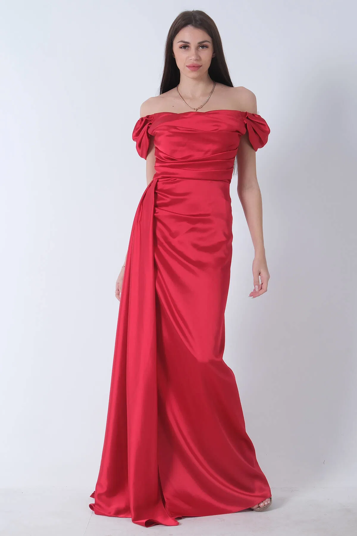 Kırmızı Drape Detaylı Saten Kumaş Abiye Elbise 9704858.08 - Ardanewline