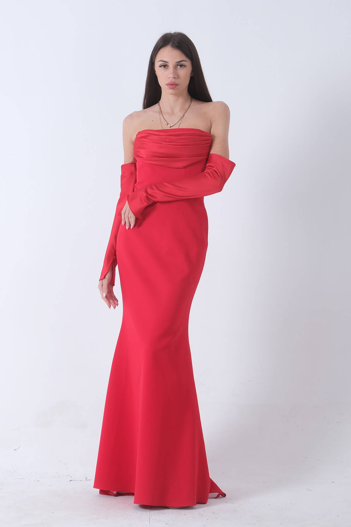 Kırmızı Drapeli Düğme Detaylı Uzun Abiye 9705361.08 - Ardanewline