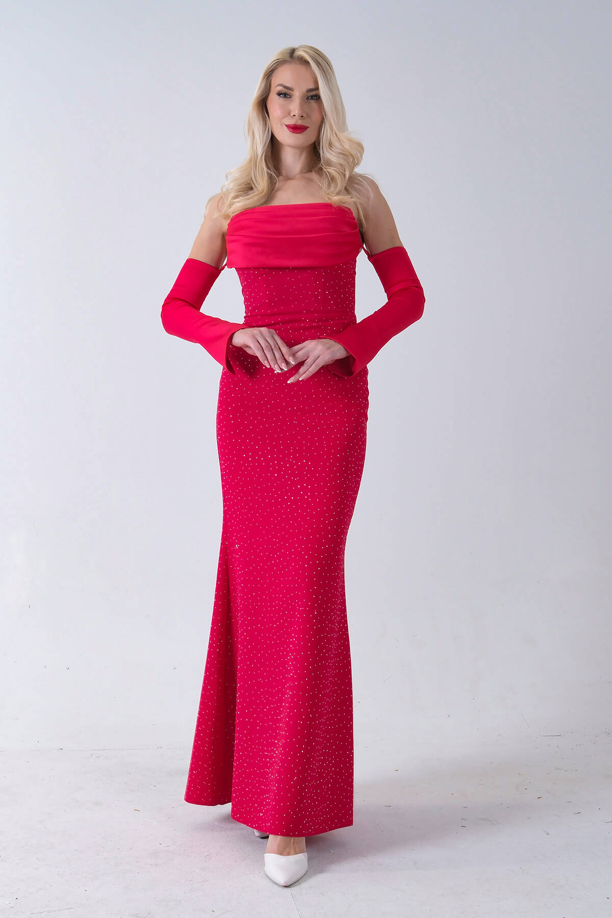 Kırmızı Drapeli Üzeri Işıltı Nokta Detaylı Kollu Abiye 0802502.08 - Ardanewline