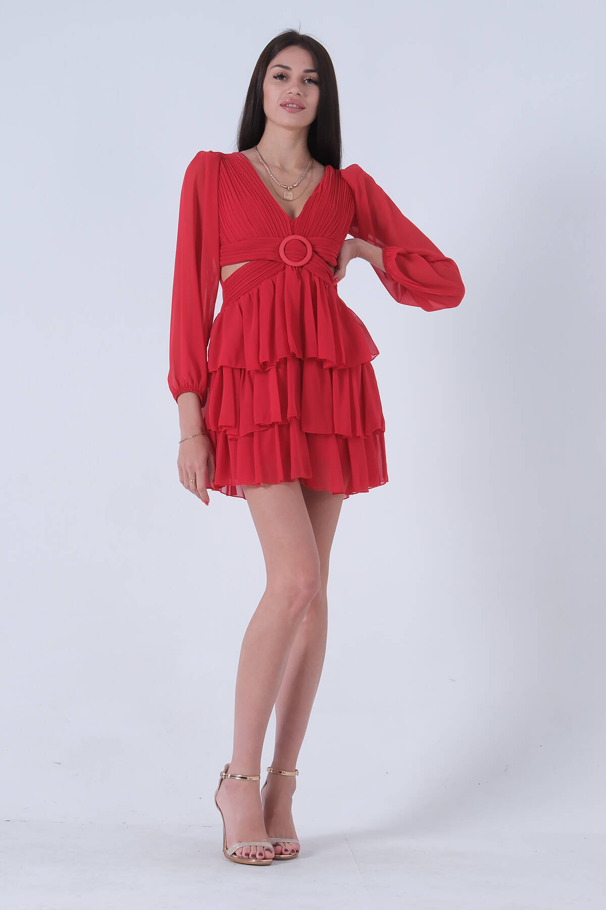 Kırmızı Fırfırlı Dekolteli Mini Şifon Abiye Elbise 9705278.08 - Ardanewline