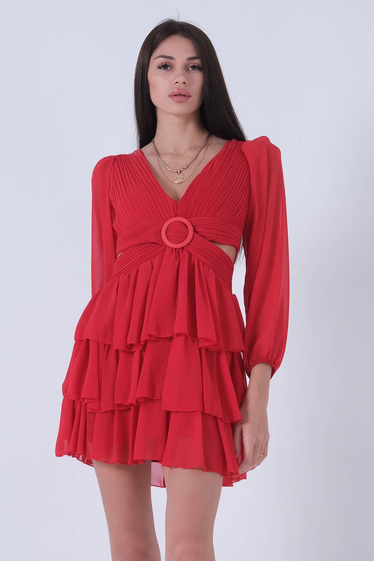Kırmızı Fırfırlı Dekolteli Mini Şifon Abiye Elbise 9705278.08 - Ardanewline (1)