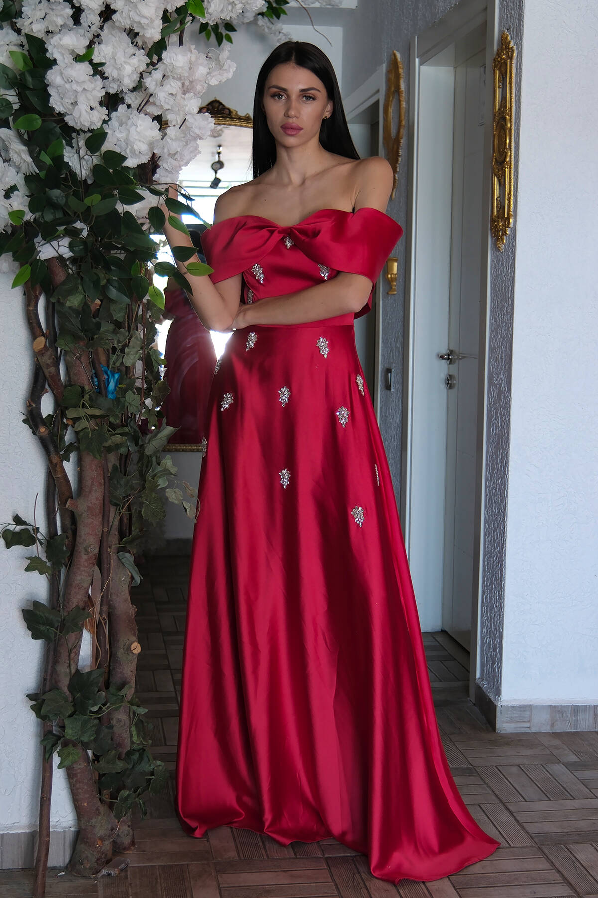 Kırmızı Fiyonk Yaka Taş Detaylı Abiye 9705541.08 - Ardanewline