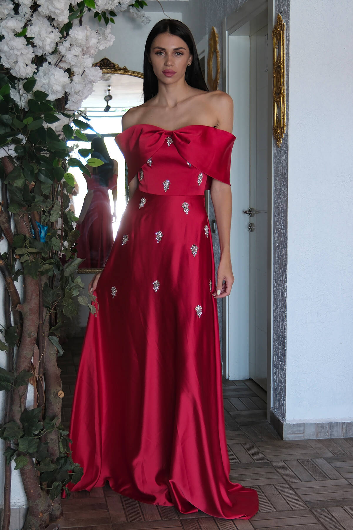 Kırmızı Fiyonk Yaka Taş Detaylı Abiye 9705541.08 - Ardanewline (1)