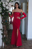 Kırmızı Göğüs Taş İşleme Detaylı Drapeli Abiye 9705446.08 - 1