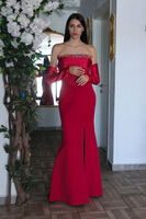 Kırmızı Göğüs Taş İşleme Detaylı Drapeli Abiye 9705446.08 - 6
