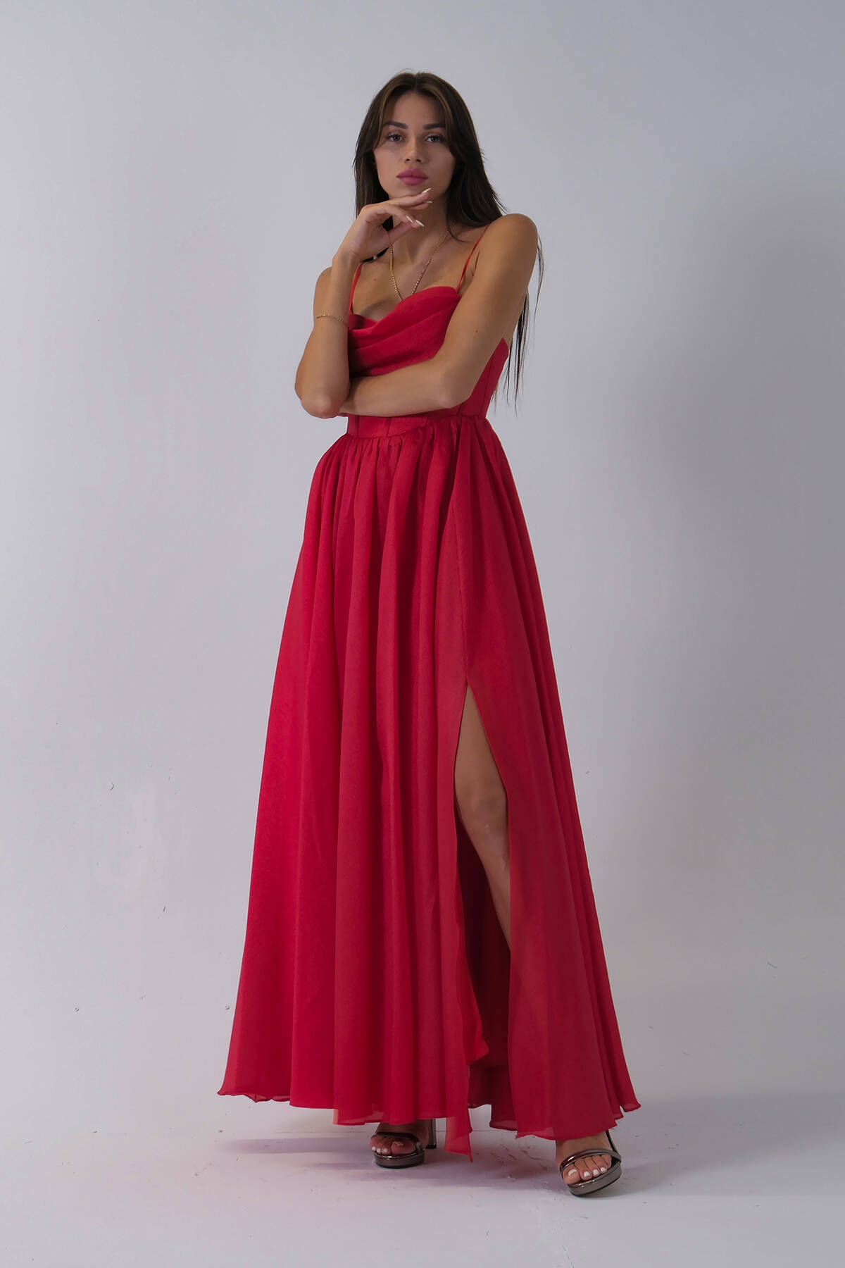 Kırmızı İnce Askılı Uzun Şifon Abiye Elbise 08020031.08 - Ardanewline (1)