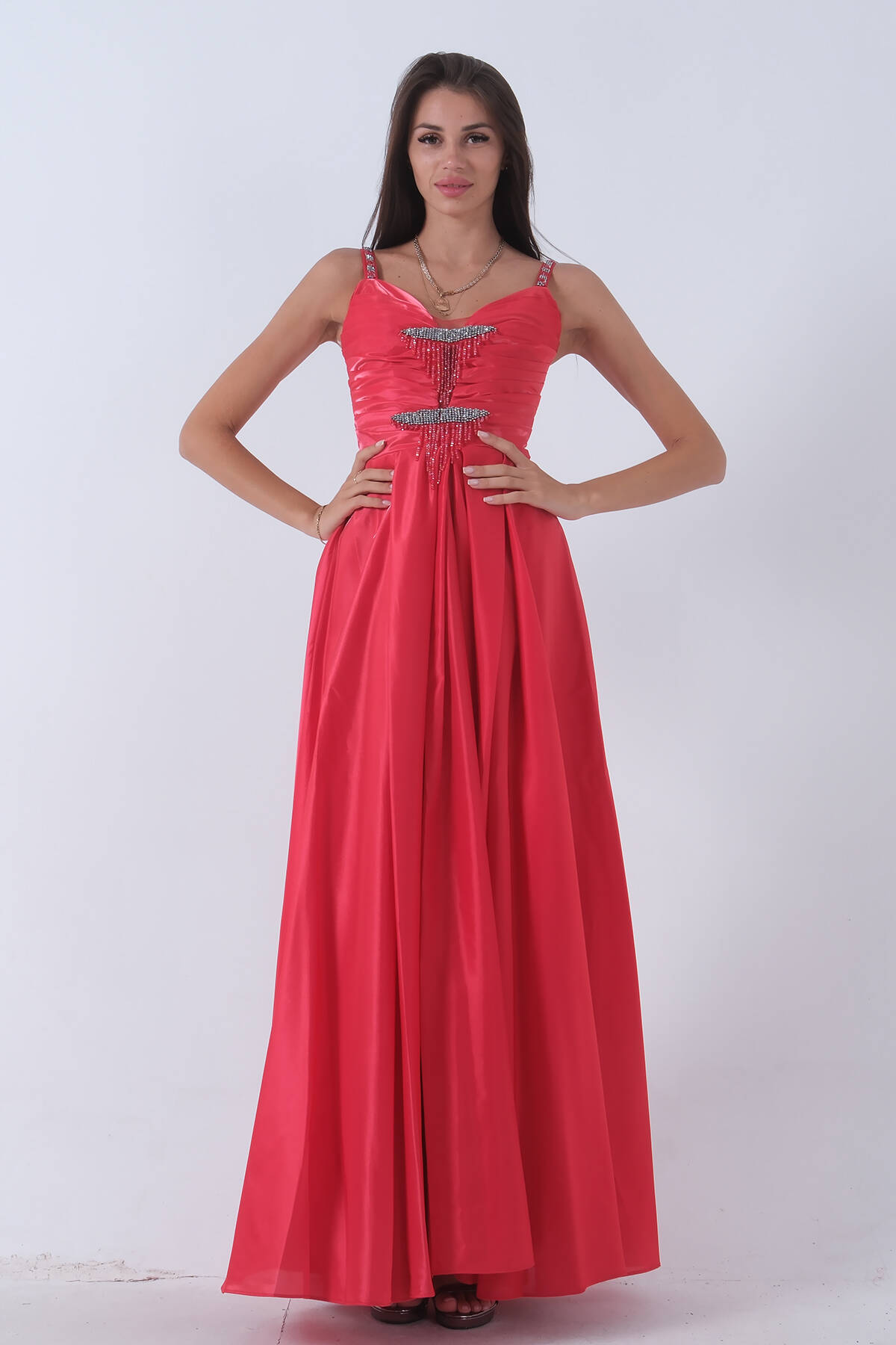 Kırmızı Kalın Askılı Saten Abiye Elbise 9705319.08 - Ardanewline (1)