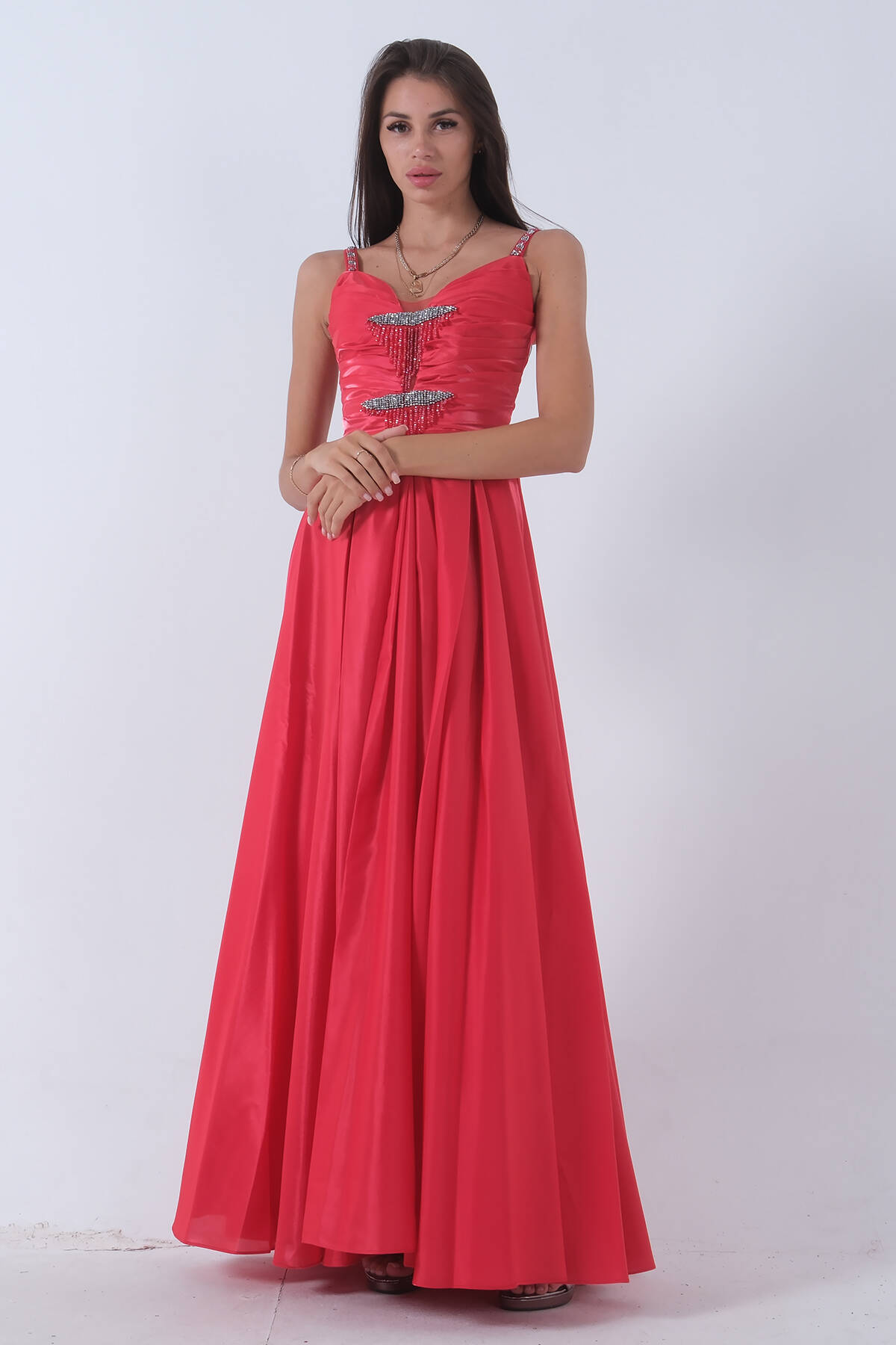 Kırmızı Kalın Askılı Saten Abiye Elbise 9705319.08 - Ardanewline