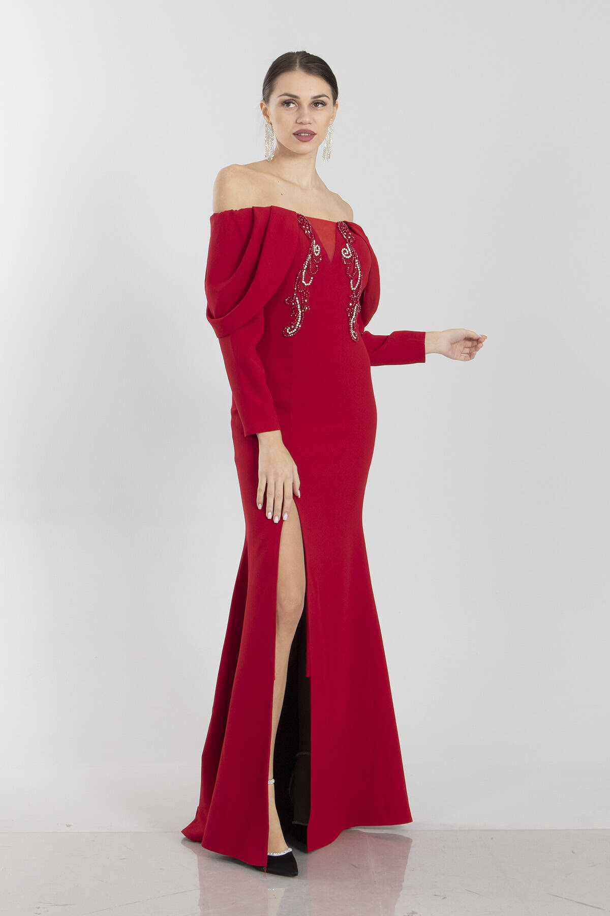 Kırmızı Kayık Yaka Taşlı Abiye Elbise 9705060.08 - Ardanewline