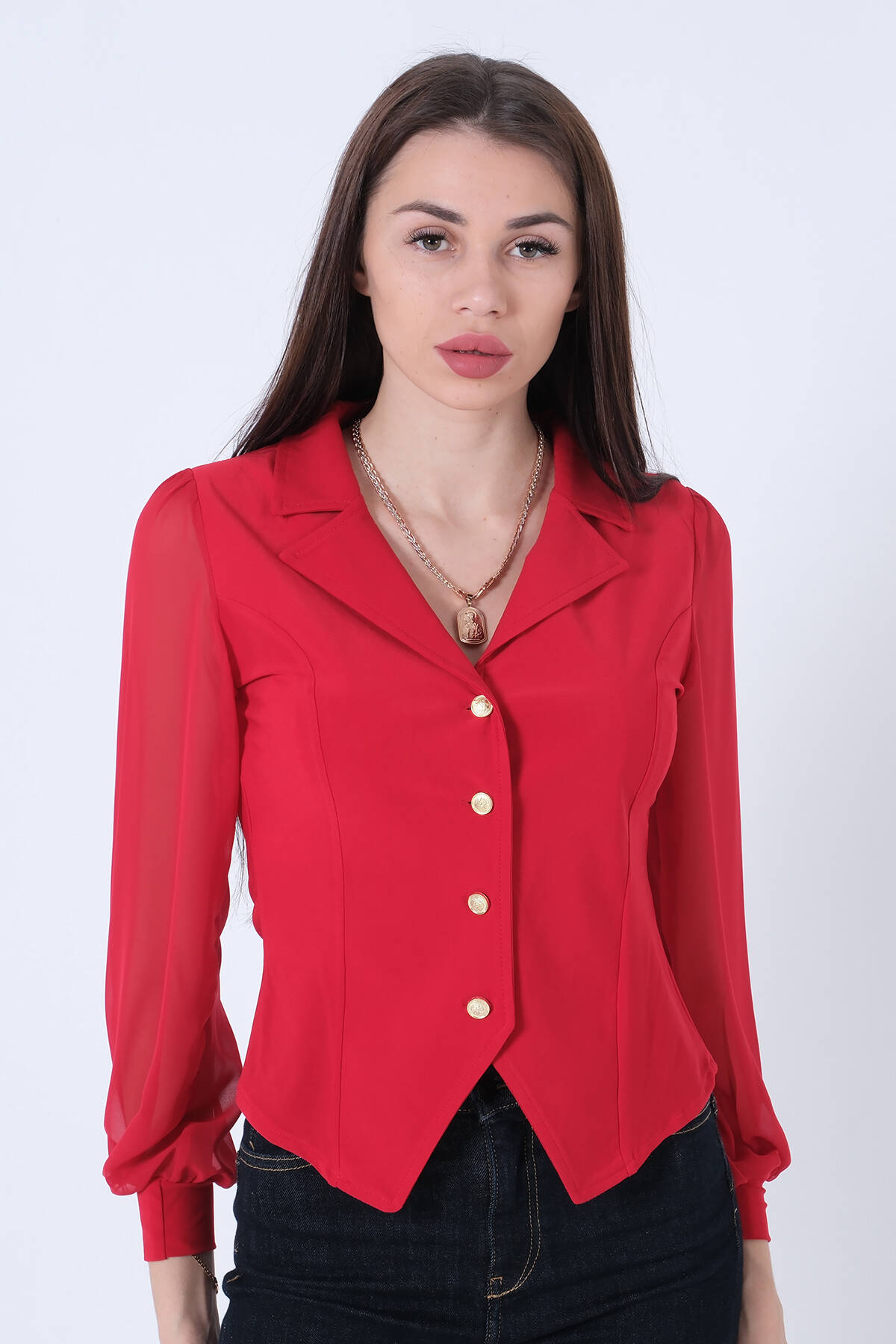 Kırmızı Kolları Şifon Gömlek 4202643.08 - Ardanewline (1)