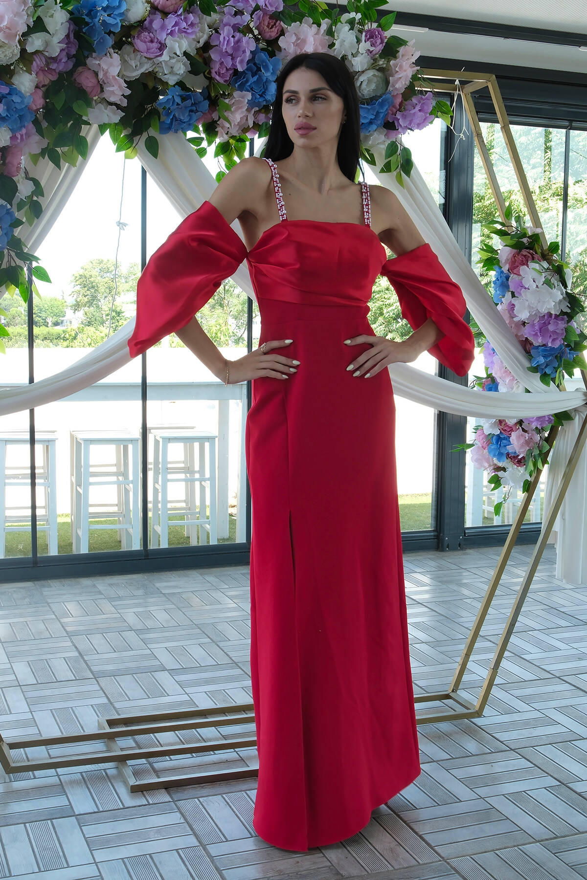 Kırmızı Kolları Şifon Yırtmaçlı Abiye 9705139.08 - Ardanewline