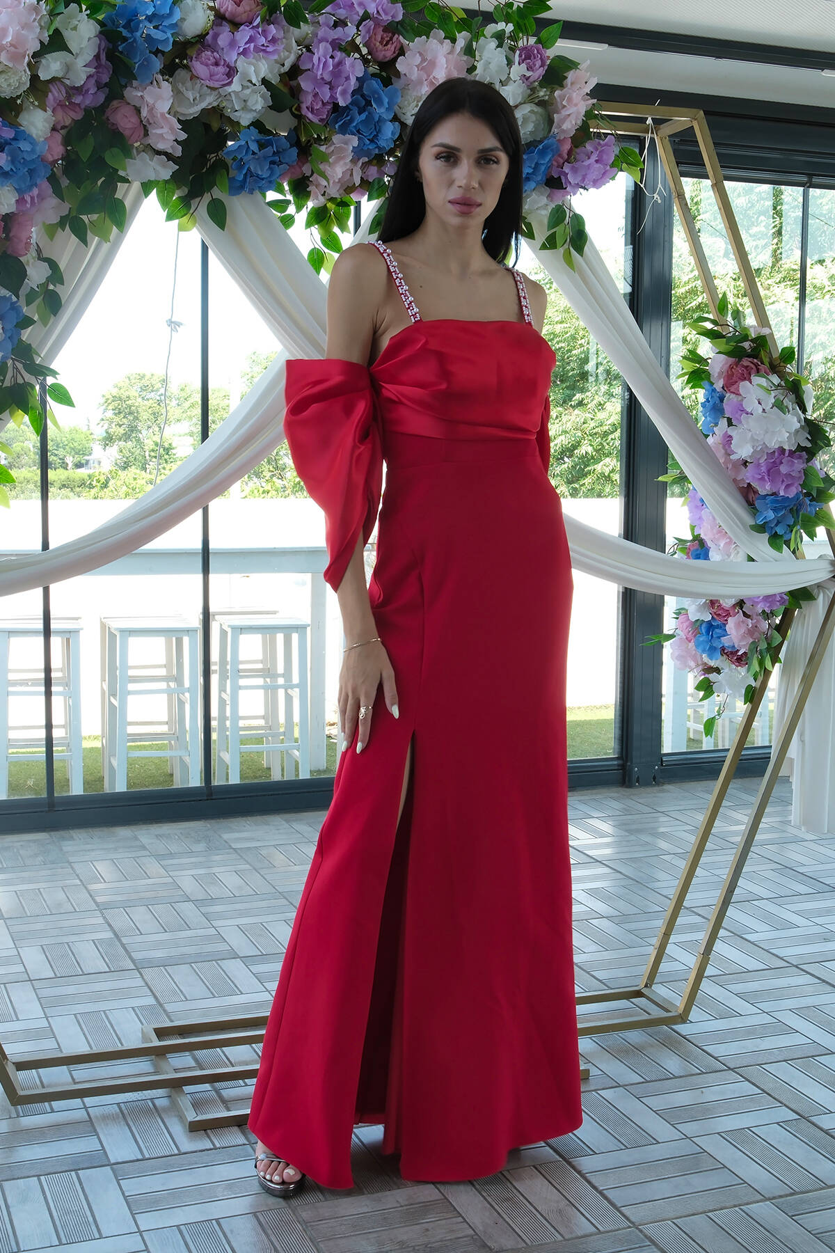 Kırmızı Kolları Şifon Yırtmaçlı Abiye 9705139.08 - Ardanewline (1)