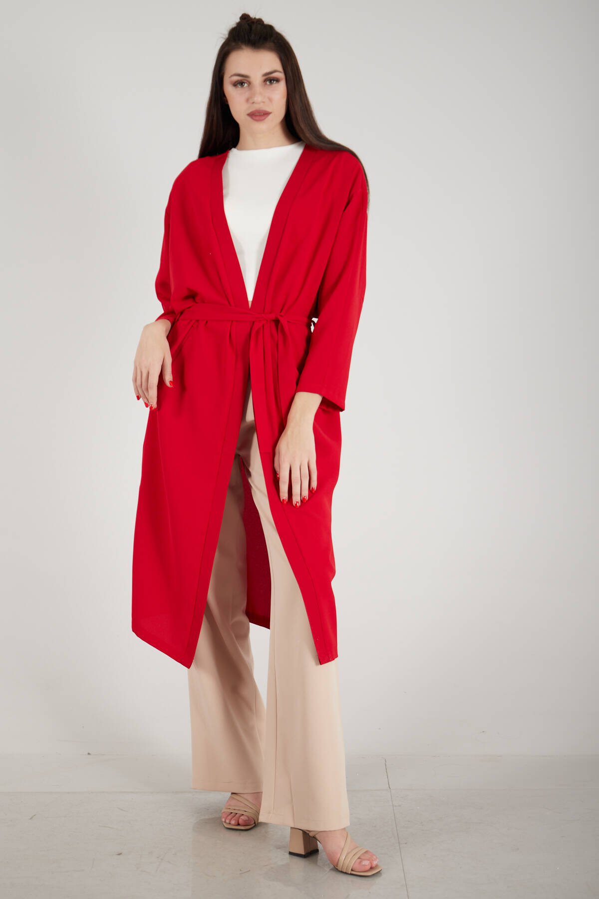 Kırmızı Krep Belden Kuşaklı Kimono 0107121.08 - Ardanewline