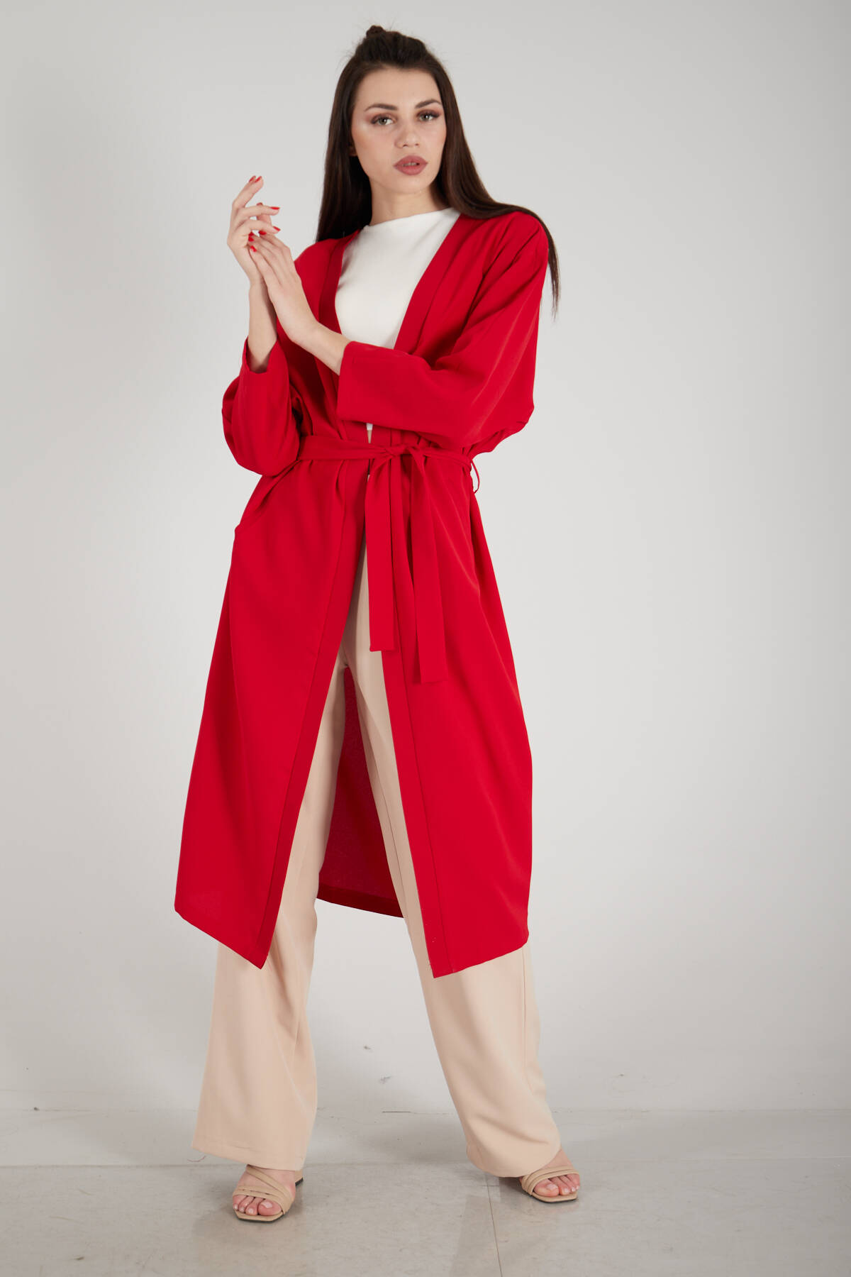 Kırmızı Krep Belden Kuşaklı Kimono 0107121.08 - Ardanewline (1)
