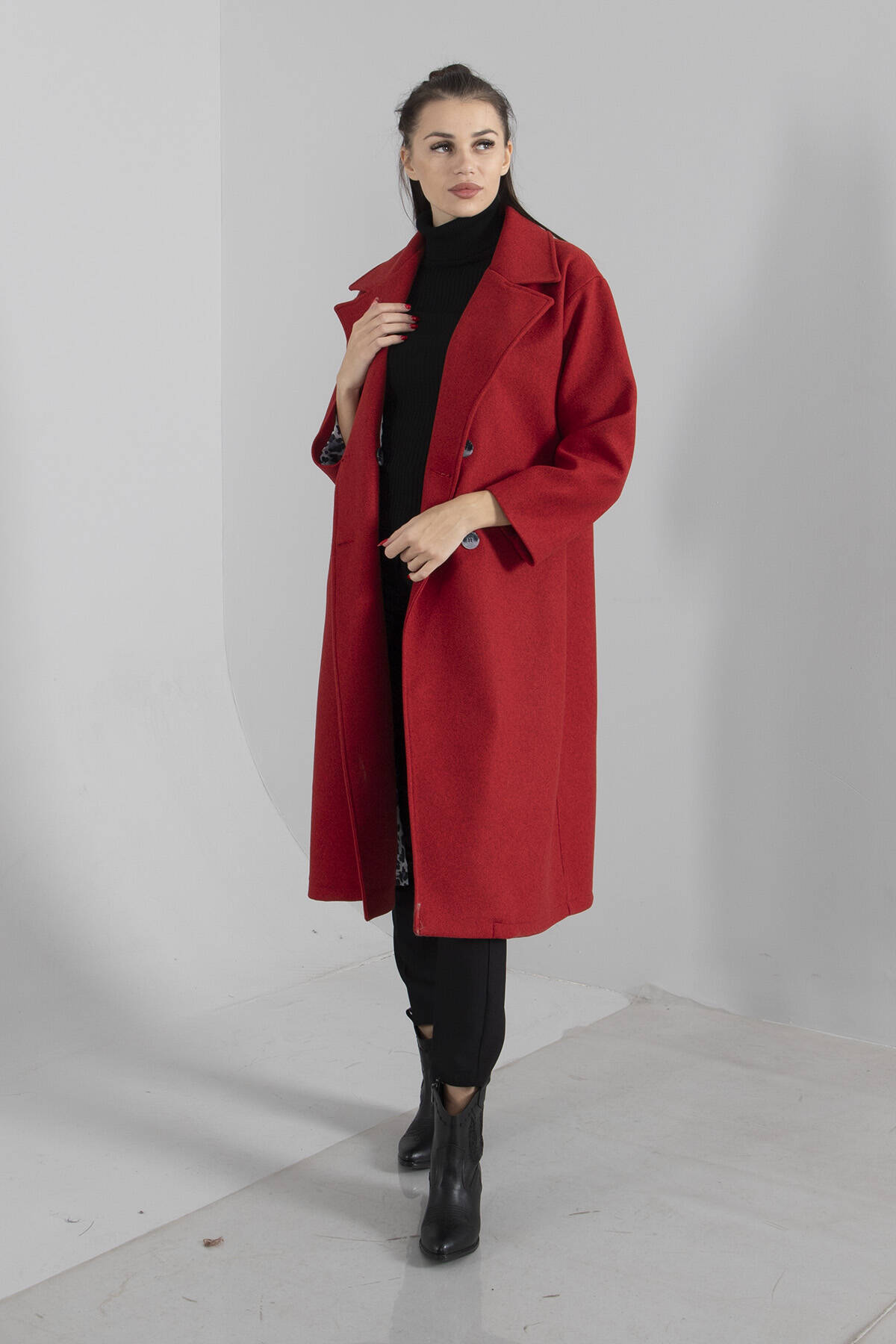 Kırmızı Önden Düğmeli Oversize Örme Kaşe Kaban 0108068.08 - Ardanewline