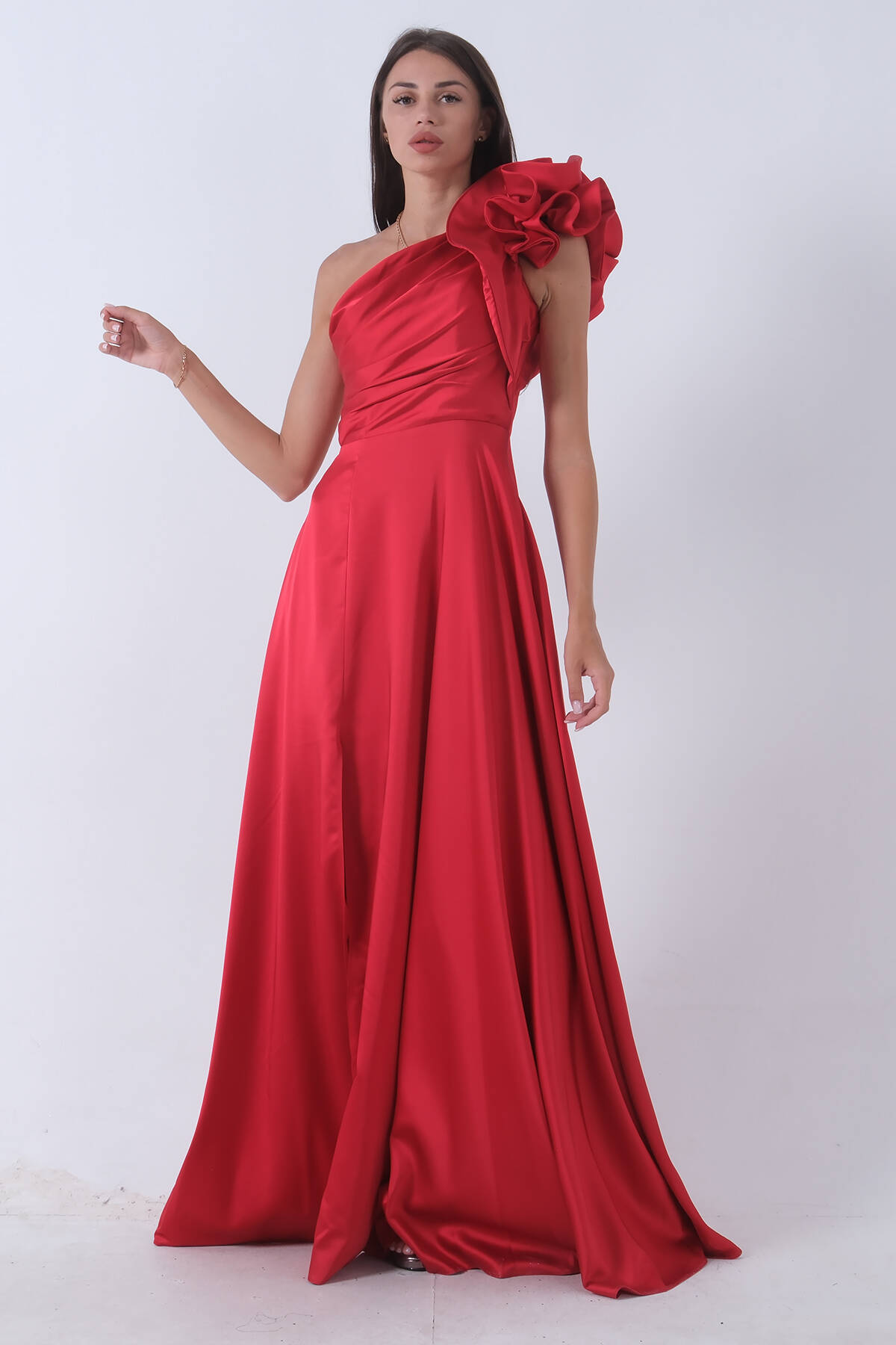 Kırmızı Saten Omuz Fiyonklu Abiye Elbise 1302192.08 - Ardanewline (1)