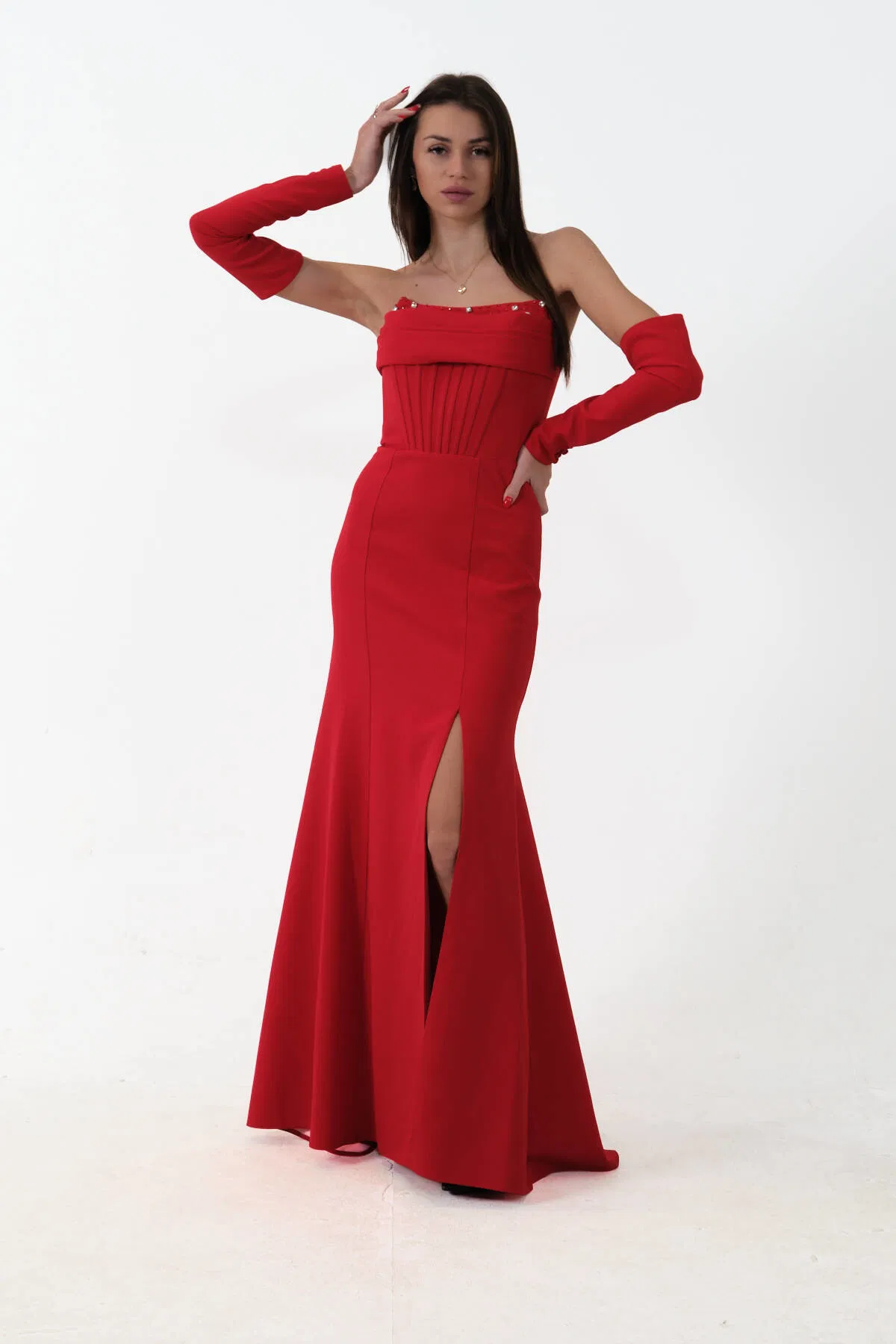 Kırmızı Takma Kol Önü Drapeli Taş Detaylı Yırtmaçlı Abiye 0801146.08 - Ardanewline