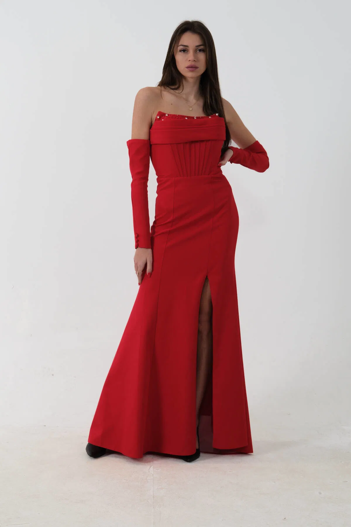 Kırmızı Takma Kol Önü Drapeli Taş Detaylı Yırtmaçlı Abiye 0801146.08 - Ardanewline (1)