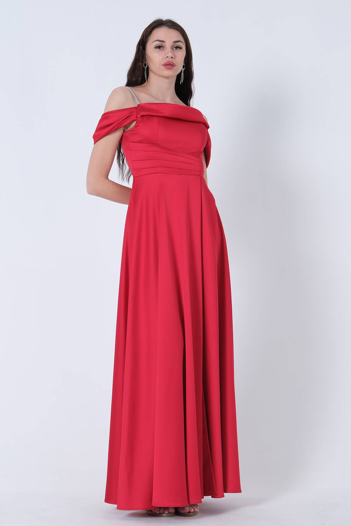 Kırmızı Taş Askılı Düşük Kol Saten Abiye 0806118.08 - Ardanewline (1)