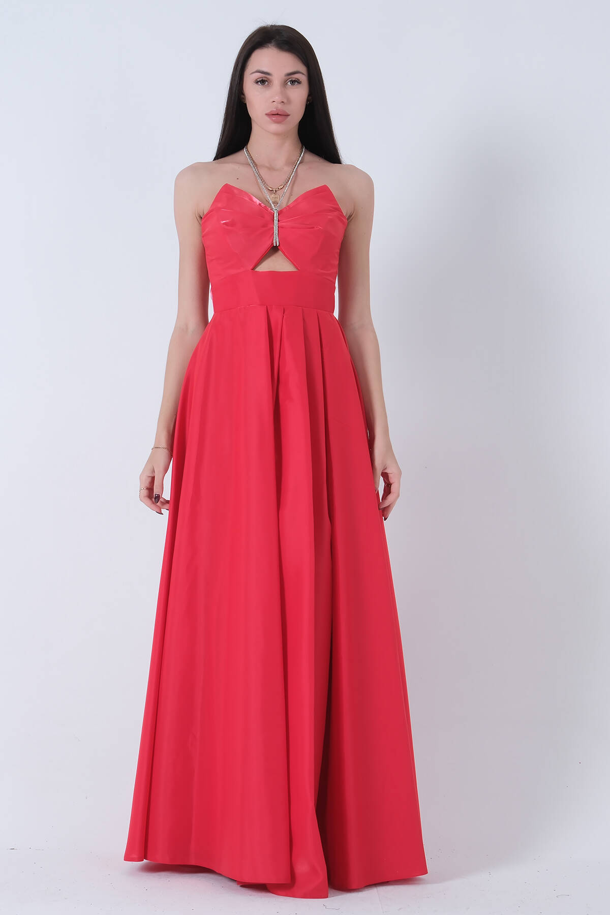 Kırmızı Taş Askılı Parlak Saten Kumaş Bel Dekolteli Abiye 9705261.08 - Ardanewline (1)