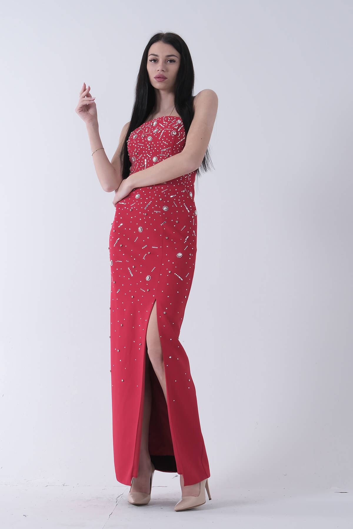 Kırmızı Taş İşlemeli Straplez Yırtmaçlı Abiye 0801045.08 - Ardanewline