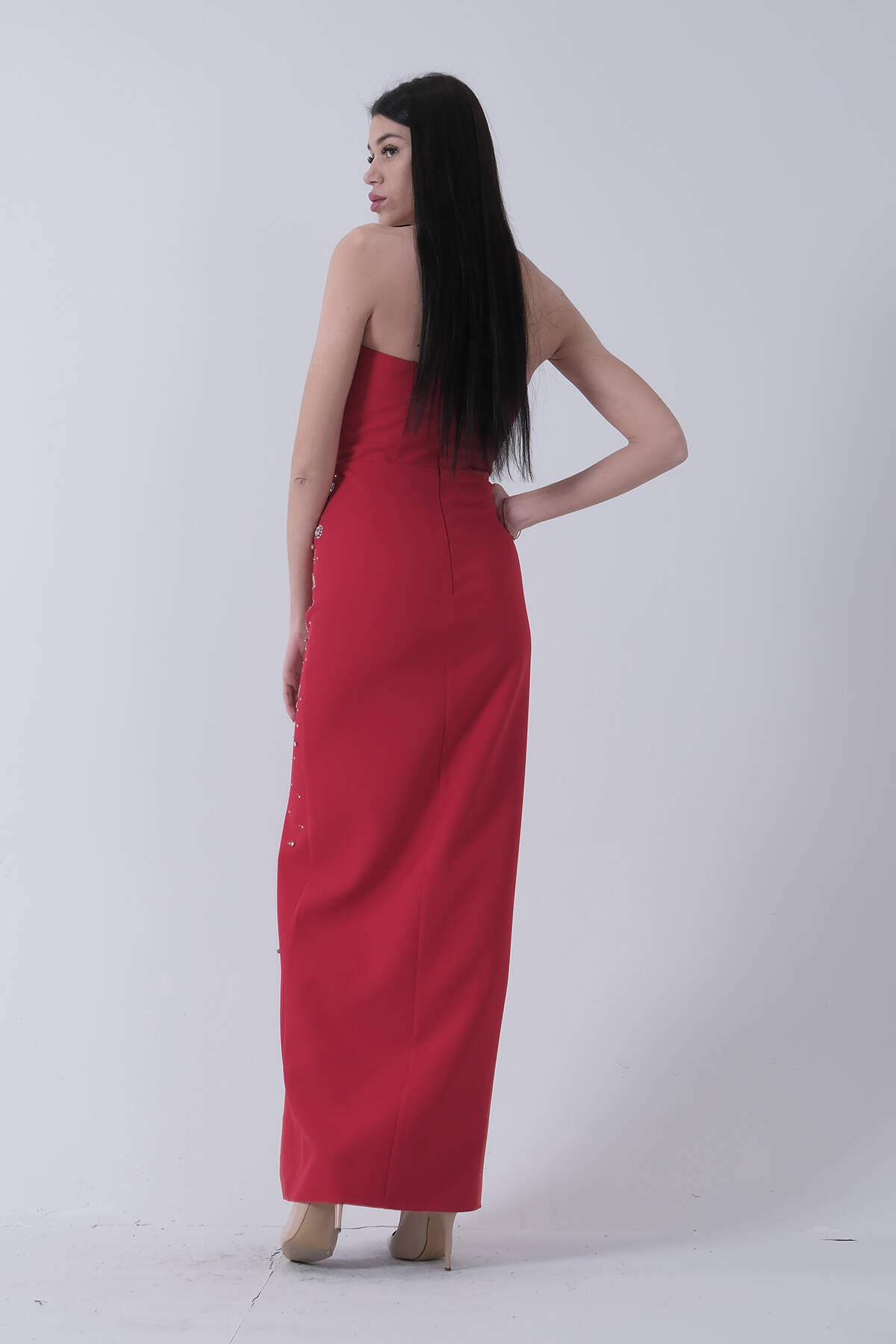 Kırmızı Taş İşlemeli Straplez Yırtmaçlı Abiye 0801045.08 - Ardanewline (1)