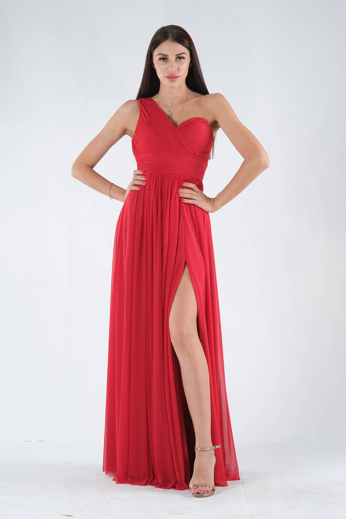 Kırmızı Tek Omuz Yırtmaçlı Abiye 9705155.08 - Ardanewline