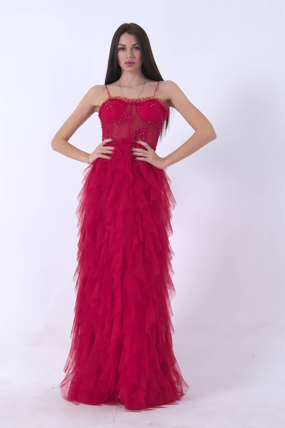 Kırmızı Transparan Taşlı Eteği Fırfırlı Abiye 9705034.08 - Ardanewline