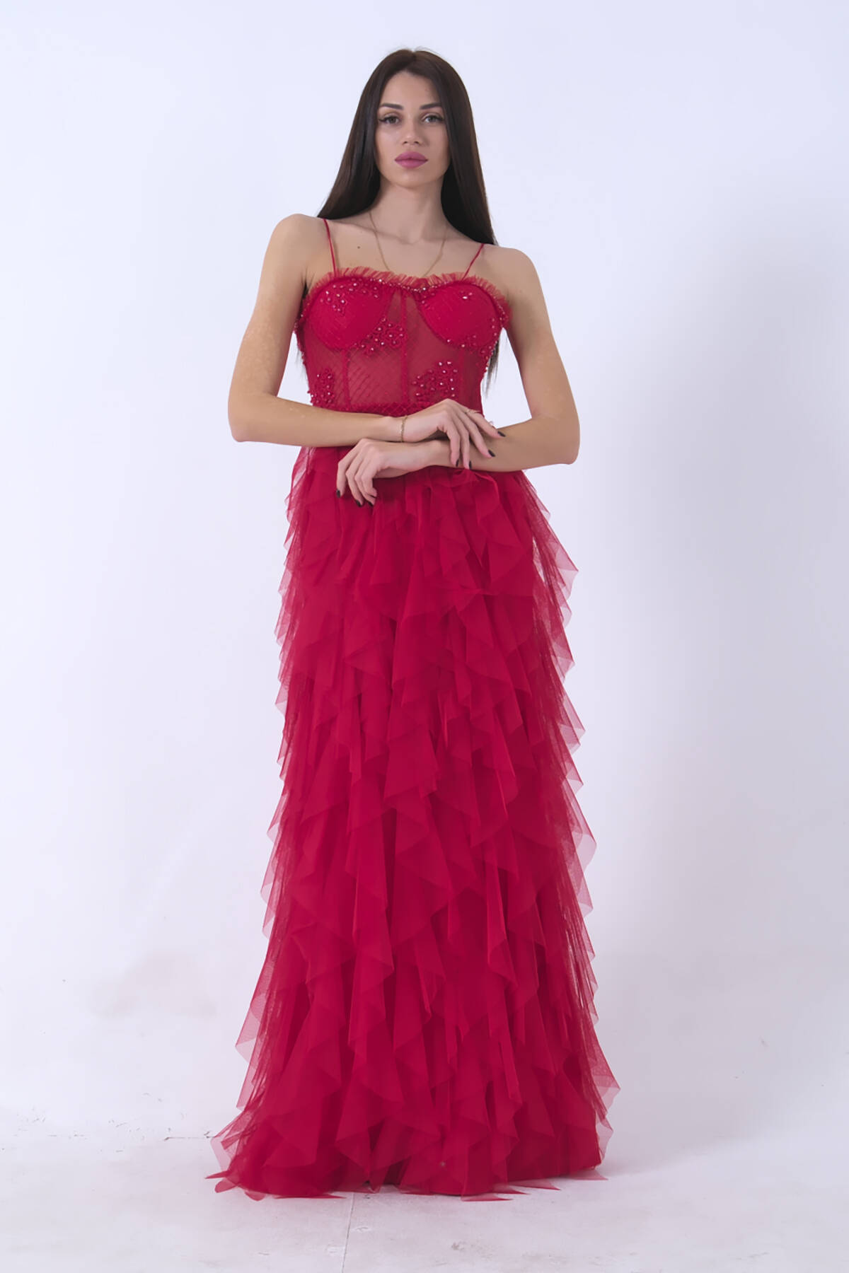 Kırmızı Transparan Taşlı Eteği Fırfırlı Abiye 9705034.08 - Ardanewline (1)