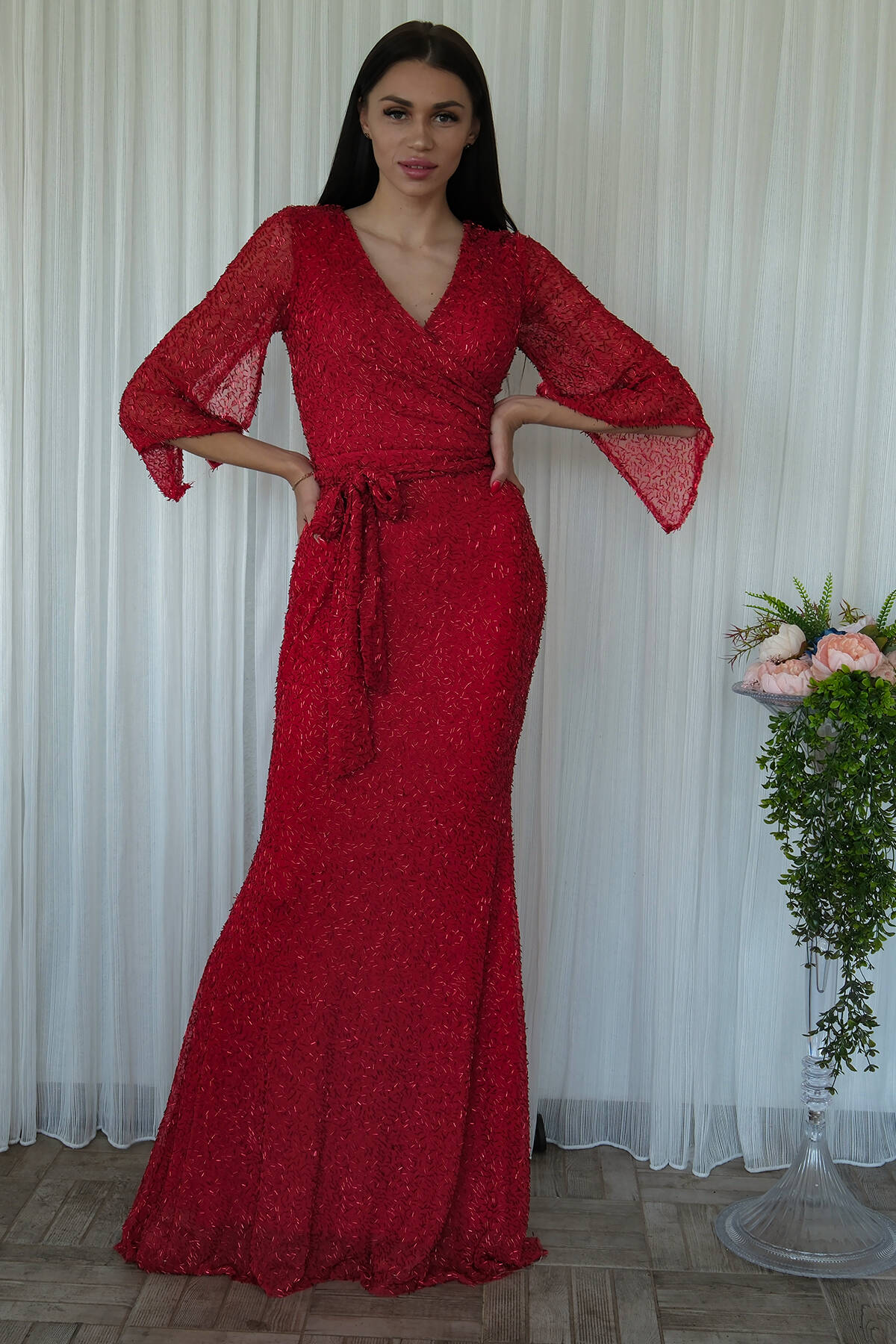 Kırmızı V Yaka Pul Payetli Uzun Kol Abiye 1106014.08 - Ardanewline