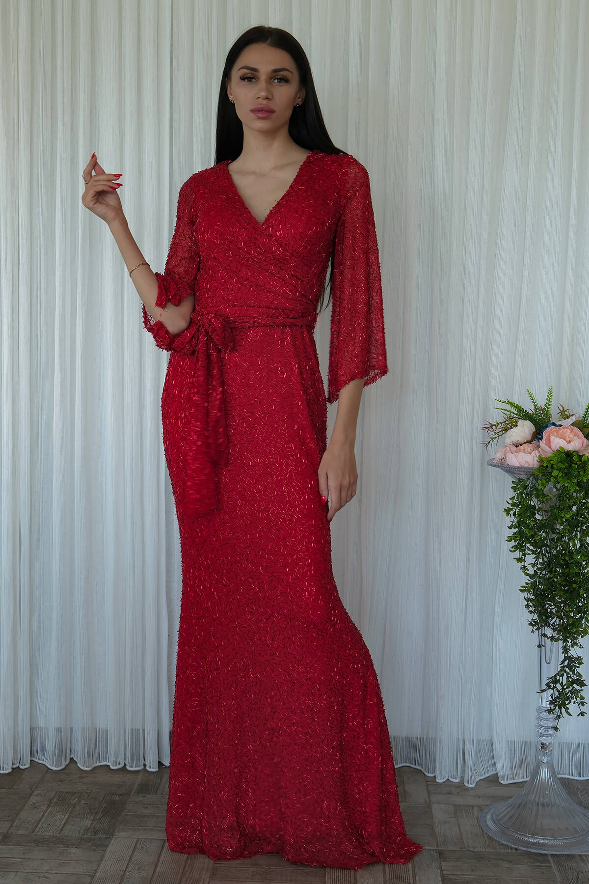 Kırmızı V Yaka Pul Payetli Uzun Kol Abiye 1106014.08 - Ardanewline (1)