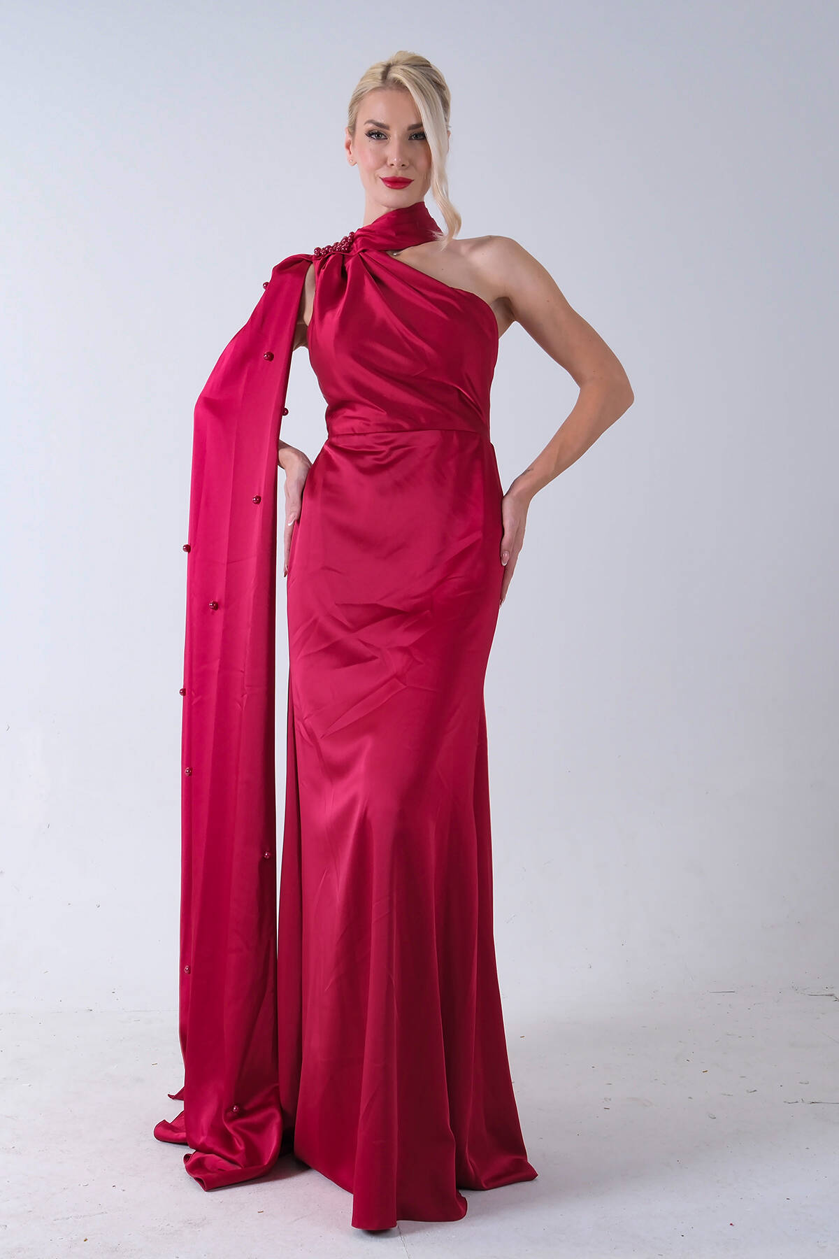 Kırmızı Yaka Kuşak Detaylı Tek Omuz Abiye 0801099.08 - Ardanewline (1)