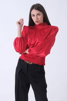 Kırmızı Yaka ve Etek Ucu Gipeli Oversize Saten Bluz 3972990.08 - 4