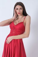 Kırmızı Yırtma Detaylı İp Askılı Saten Abiye Elbise 9704981.08 - 8