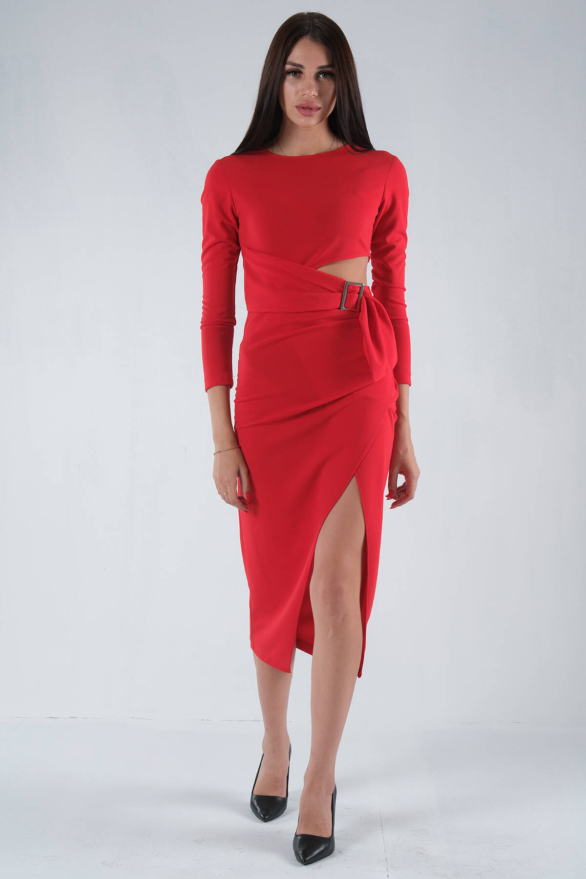 Kırmızı Yırtmaçlı Tokalı Elbise 0104025.08 - Ardanewline (1)