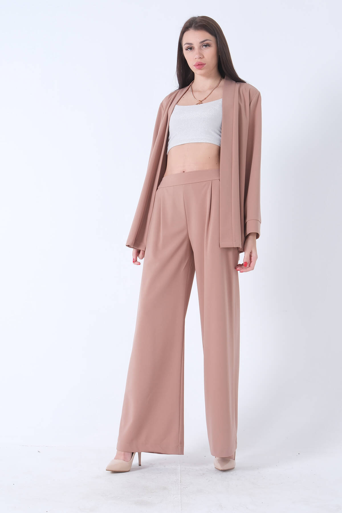 Koyu Bej Kimono Pantolon İkili Krep Takım 0106314.376 - Ardanewline (1)