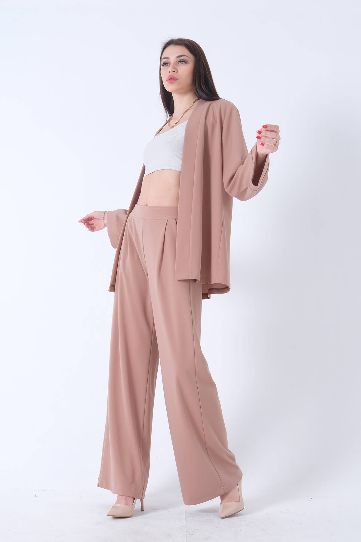 Koyu Bej Kimono Pantolon İkili Krep Takım 0106314.376