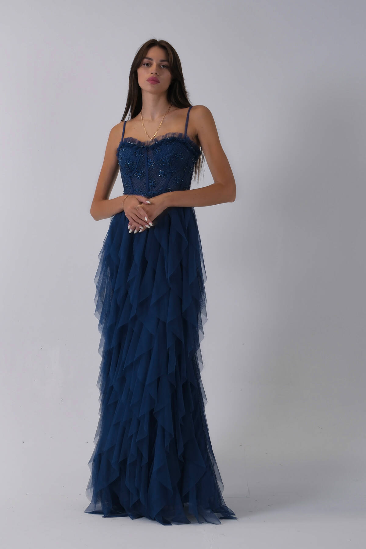 Koyu İndigo Transparan Taşlı Eteği Fırfırlı Abiye 9705034.457 - Ardanewline