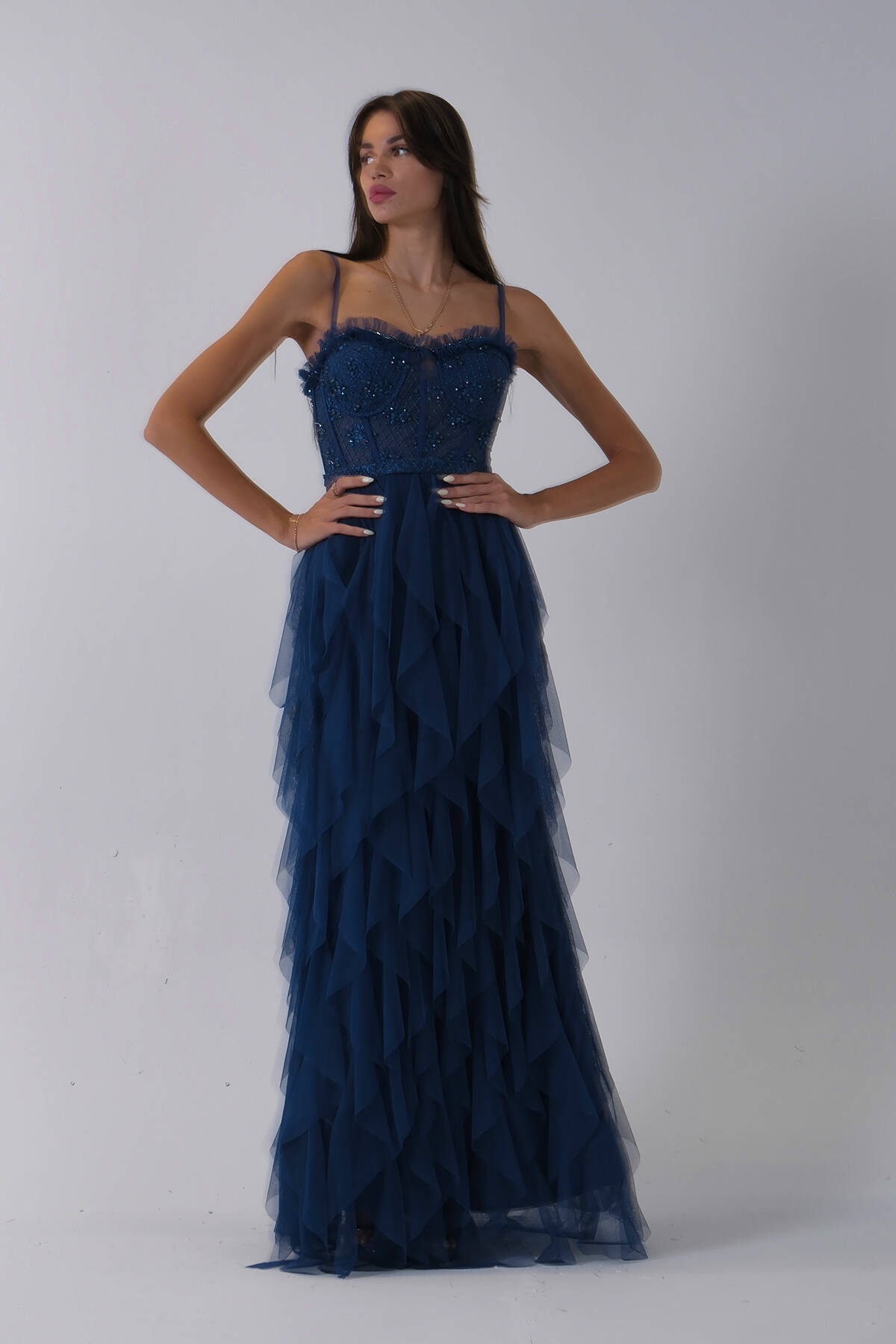 Koyu İndigo Transparan Taşlı Eteği Fırfırlı Abiye 9705034.457 - Ardanewline (1)